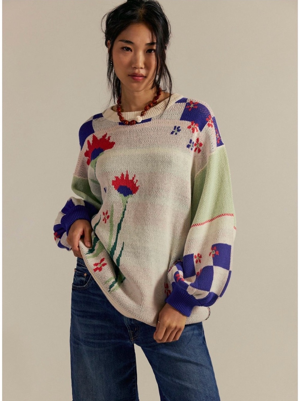 Free People Floral Knit Sweater in Cream, Red, and Purple
